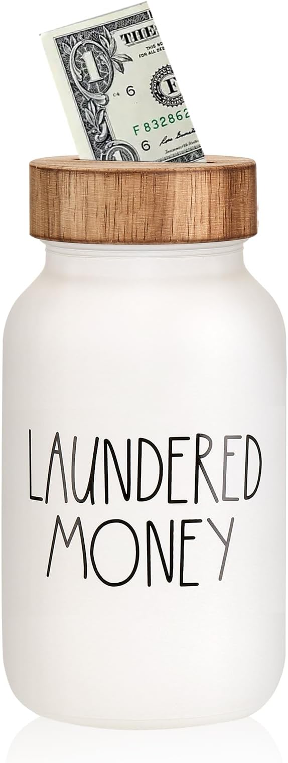 Laundry Room Decor & Organization - Premium Matte White Glass Coin Bank with Wood Lid - Rustic Farmhouse Money Jar for Loose Change - Funny Laundered Money Tip Jar & Shelf Accessories