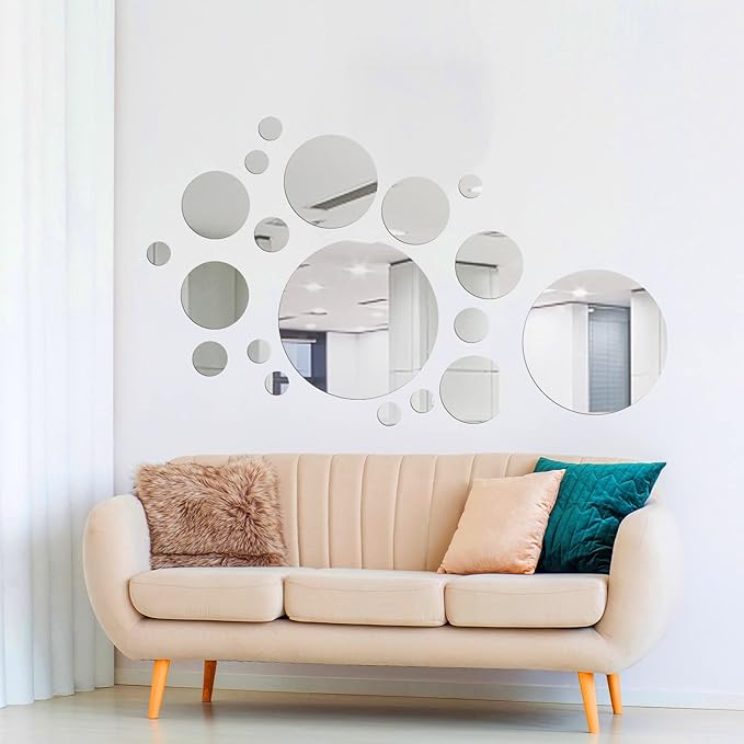 Shappy 32 Pcs Acrylic Mirror Wall Stickers Removable Round Wall Decal Circle Mirror Tiles for Home Bathroom Living Room Bedroom TV Background Decor(Silver,Medium Size)