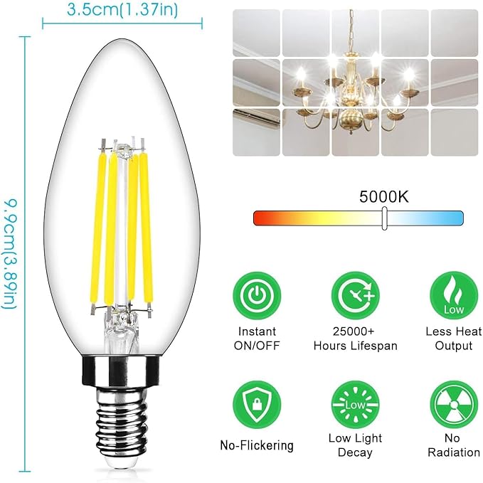 Yochoice 48-Pack Dimmable E12 LED Bulbs 40Watt Equivalent, 5000K Daylight White, 450Lumens, 4W B11 Vintage Chandelier Light Bulbs, Filament Clear Glass Candle Lamp for Ceiling Fan Home Decor