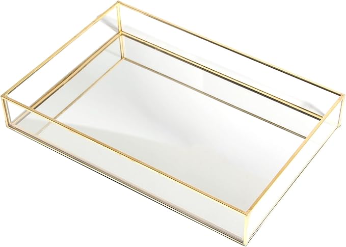 Feyarl Gold Glass Perfume Fragrance Tray Mirror Vanity Jewelry Trinket Magazine Photo Organizer Ornate Cosmetic Makeup Display Decorative Coffee Table Tray for Home Decor Dresser Tabletop （11.8” x 8"）