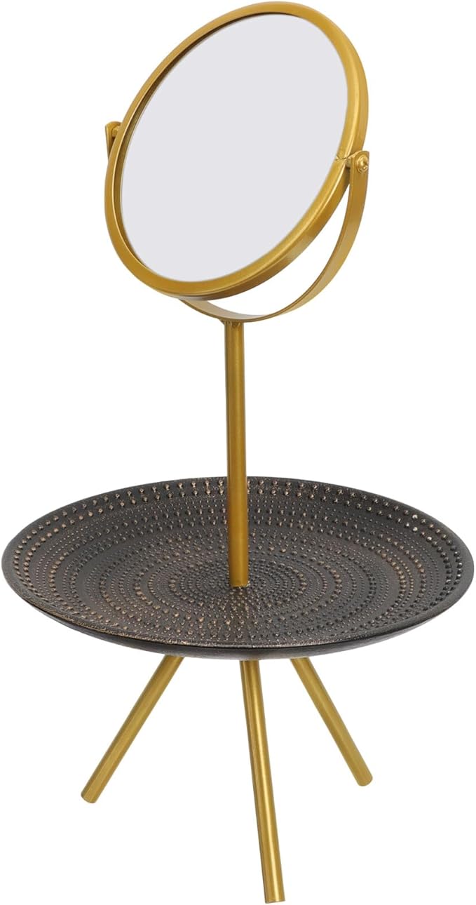 European Style Rotatable Desktop Makeup Mirror with Jewelry Organizer Tray Vintage Tabletop Vanity Mirror for Bedroom Dressing and Travel Use