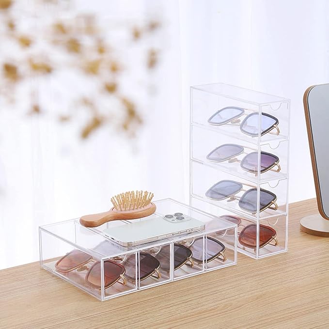 Glasses Storage Box 4 Layers Large Glasses Organizer Box Multifunctional Stackable Display Holder Reusable Acrylic Cosmetics Makeup Organizer Transparent Eyeglasses Organizer for Jewelry Sung
