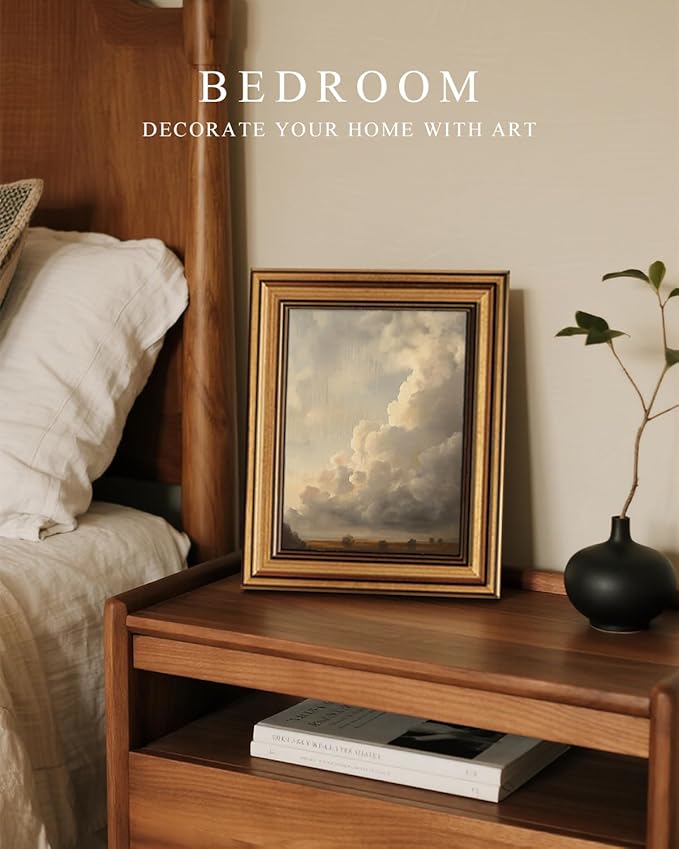 HUARCEY Gold Framed Canvas Wall Art, Cloud Picture Decor, Bedroom Living Room Sky Landscape Nature Decor, Rustic Vintage Neutral Canvas Paintings, 8x10inch