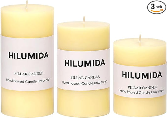 Ivory Pillar Candles Set of 3 - Hand-Poured Unscented Candles, 4", 5", 6" Smokeless Decorative Candles for Home, Set of 3 in Different Sizes