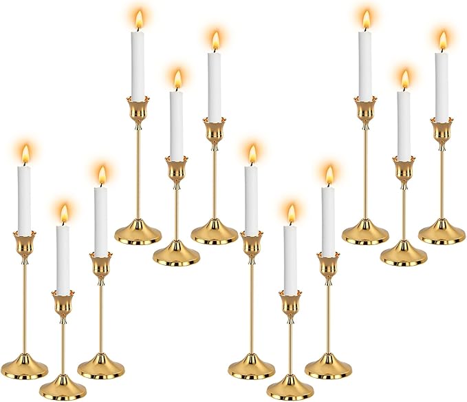 12pcs Gold Candle Holders, Candlestick Holders Taper Candle Holders for Pillar Candles Sticks Holder Decor Halloween Christmas Decorations Candle Candelabros para Centros de Mesa