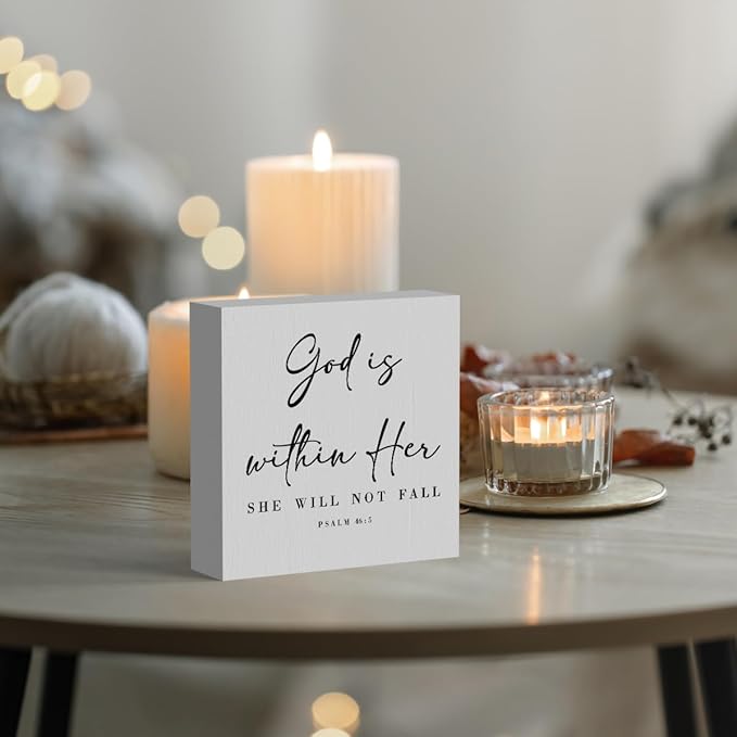 God Is Within Her Bible Verse Artwork Wooden Box Sign Rustic Farmhouse Style Psalm 46:5 Christian Wood Block Plaque 5 X 5 Inches Home Office Desk Sign Decor for Gifts