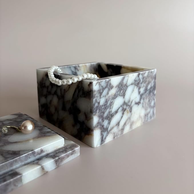Natural Marble Ring Jewelry Box Cotton Swab Storage Box with Lid Storage Box (Calacatta Violet)