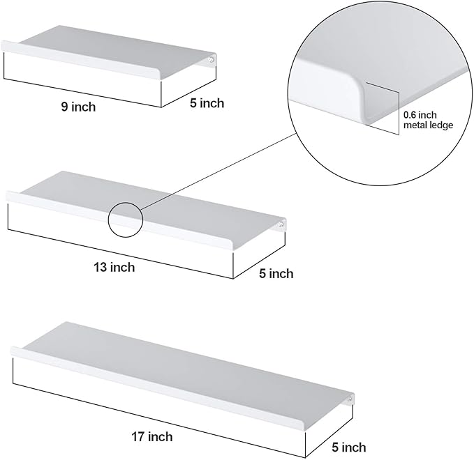 SRIWATANA White Metal Wall Shelves, Floating Shelves Wall Mounted Set of 3 for Bedroom, Living Room, Bathroom, Kitchen, Matte White