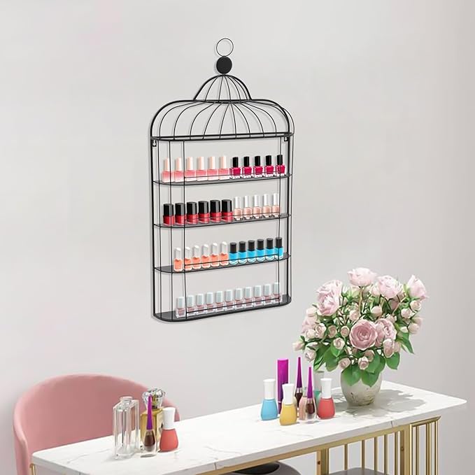 4-Tier Nail Polish Wall Racks 20 * 37 Inch Hold Up to 200 Bottles Birdcage Iron Nail Polish Shelf Organizer Wall Mounted 4 Rows (Black)