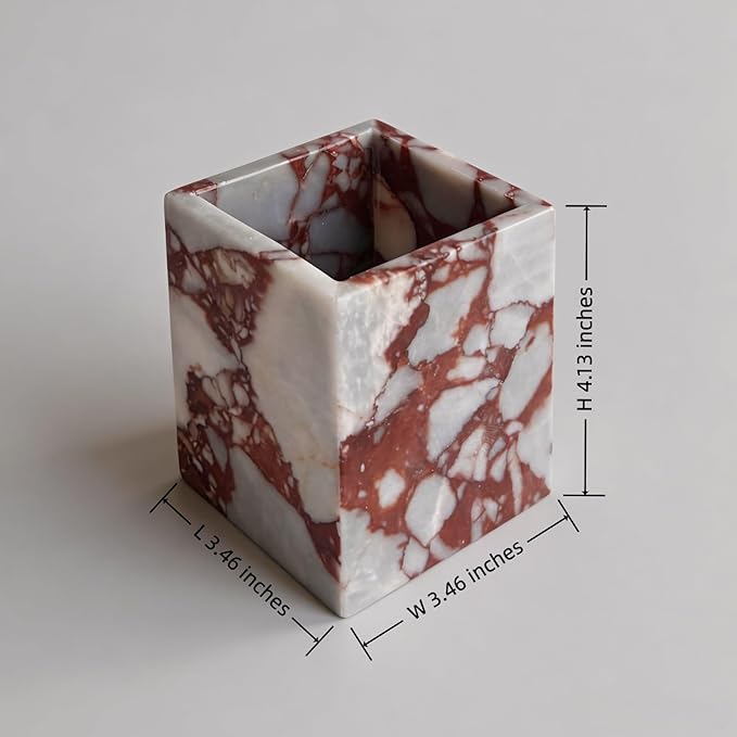 Natural Marble Stone Square Storage Container Empty Vessel Holder Cup for Candle/Pens/Sundries items (Calacatta Red)