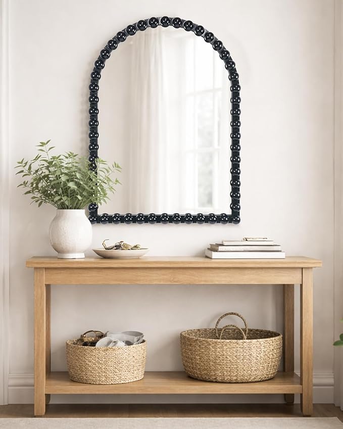 Black Beaded Arched Wall Mirror 22x30 Inch, Vintage Decorative Arch Mirror with Beaded Frame, Accent Mirror for Entryway, Bathroom, Living Room, Bedroom, Fireplace