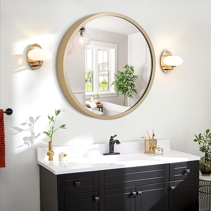 JJUUYOU Circular Wall Mirror Decorative Round for Bathroom Small Decor Circle Metal Framed Make up for Farmhouse Living Room Bedroom Dorm 20Inch