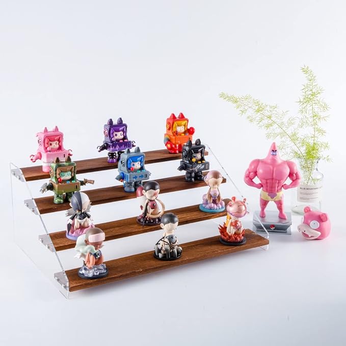 2 Pack Large 4 Tier Acrylic Display Stand 16*10.6*6.3 inches for Figures Wooden Risers Display Case for Craft Fair Acrylic Cupcake Stand for Dessert Table Cologne Organizer for Men(BROWN)