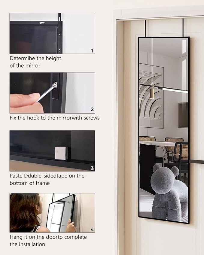 DMWOODFL 48"x14" Over The Door Full Length Mirror - Wall Mounted or Hanging with 2 Metal Hooks, Space-Saving Black Mirror for Bedroom, Bathroom, Living Room Decor