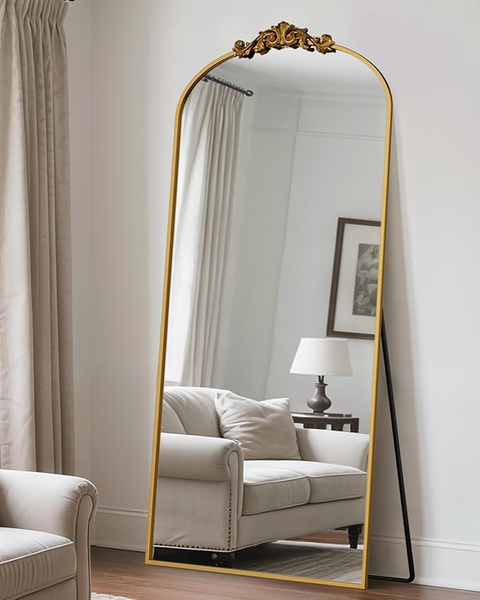 Antok Arched Full Length Mirror, 71"x32" Floor Mirror with Carved, Full Body Mirrors for HomeDecor, Standing/Halling Large Wall Mirror for Bedroom, Living Room, Cloakroom, Gold, Retro Style