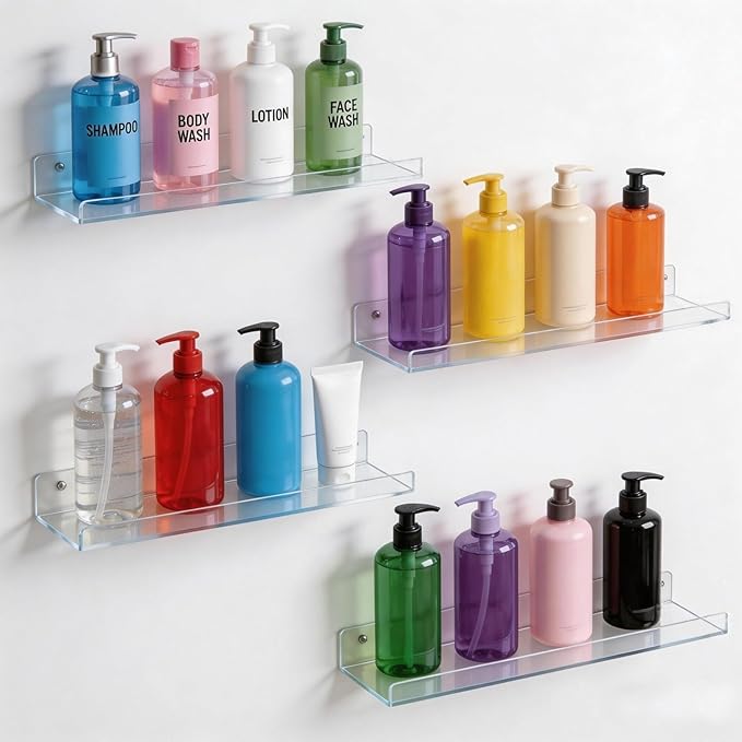 Clear Acrylic Shelves for Bathroom, 15'' Floating Shelves Wall Organizer for Perfume, Skincare, Bookshelf Organizer for Bedroom, Kids Room, Living Room, Room Decor