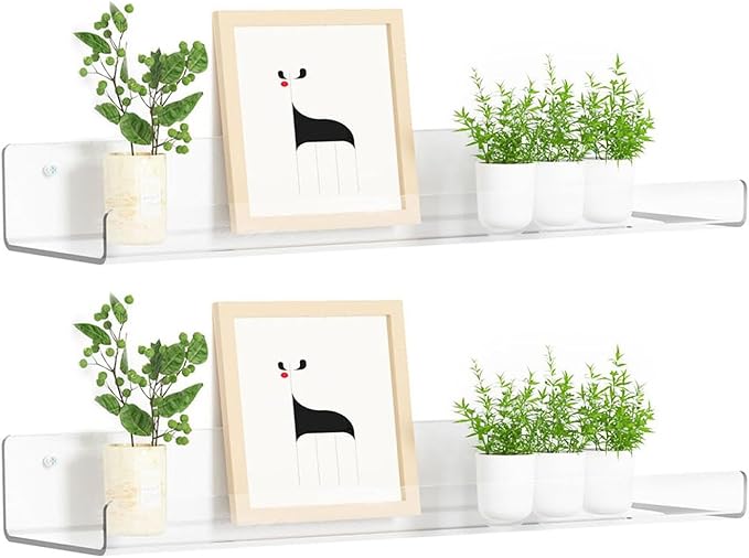 Acrylic Shelves for Bathroom Storage, 15" Floating Shelves Wall Organizer for Perfume, Make up, Skincare, Kids Bookshelf for Bedroom, Nursery, Living Room Decor, Clear 2 Pack