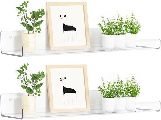 Acrylic Shelves for Bathroom Storage, 15" Floating Shelves Wall Organizer for Perfume, Make up, Skincare, Kids Bookshelf for Bedroom, Nursery, Living Room Decor, Clear 2 Pack