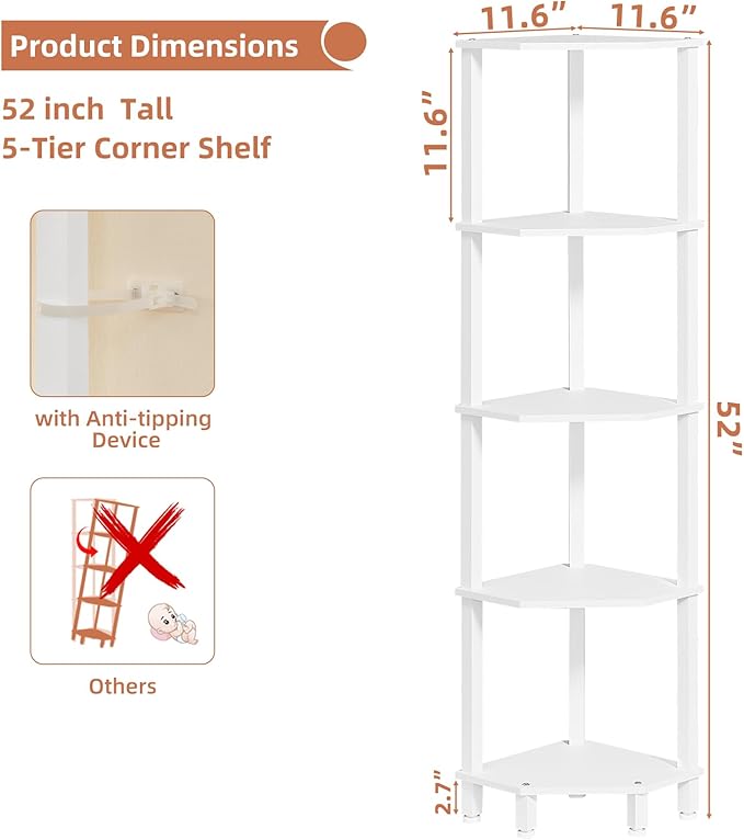 YUFAM 5-Tier Corner Shelf with Sturdy 5-Leg Base, 52in Tall Narrow Bookcase for Small Spaces, Wooden Plant Display Shelf, Thin Bookshelf for Living Room, Bedroom, Office, White