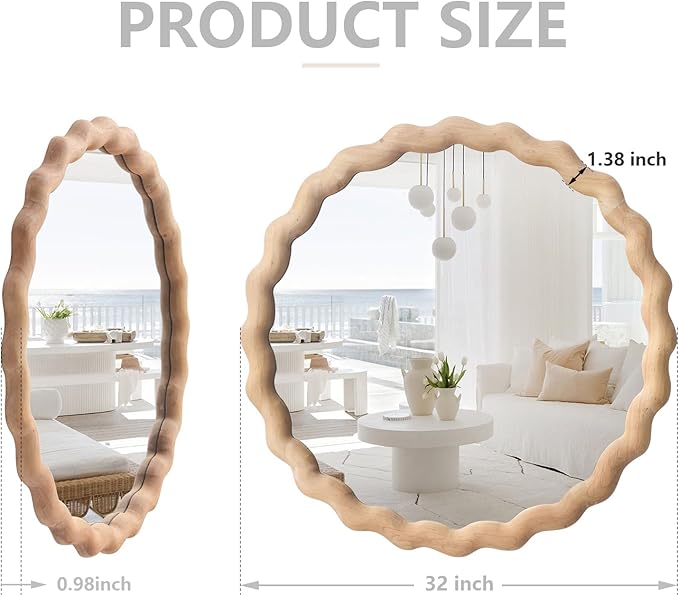 Irregular Wall Mirror,Wood Round Farmhouse Mirror Unique Vanity Mirror,32" Nature Wooden Modern Bathroom Mirror for Washroom Living Room Bedroom