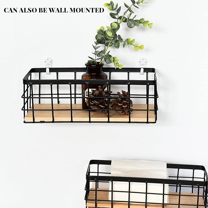 Basket Wallmount Metal Wire Storage Basket- 2 Pack with Wooden Chassis, Decorative Organizer Storage Tray for Hanging in Entryway, Mudroom, Bedroom, Bathroom, Laundry Room