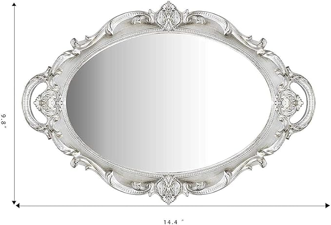 Oval Printed Decorative Mirror Tray, French Style, Mirror, Makeup Organizer, Jewelry Organizer, Serving Tray, 9.8"x 14.6", Silver
