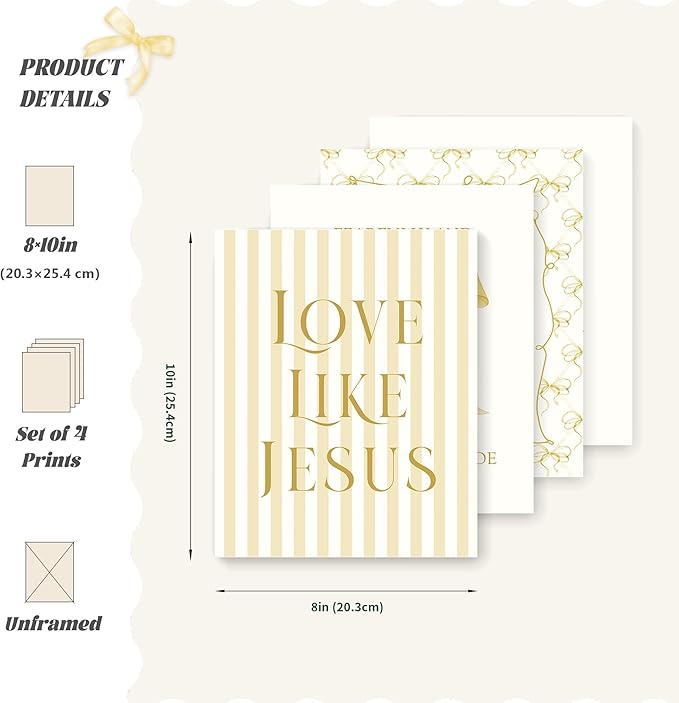 LARTSFRO Coquette Yellow Bow Jesus Wall Art Decor Posters, Butter Yellow Bow Christian Room Bedroom Bathroom Dorm Wall Art Decor Aesthetic for College Teen Girls Gifts, Inspirational Bible Verses Bow Wall Decor, 10x8 Inch Set of 4 Bow Pictures(UNFRAMED)
