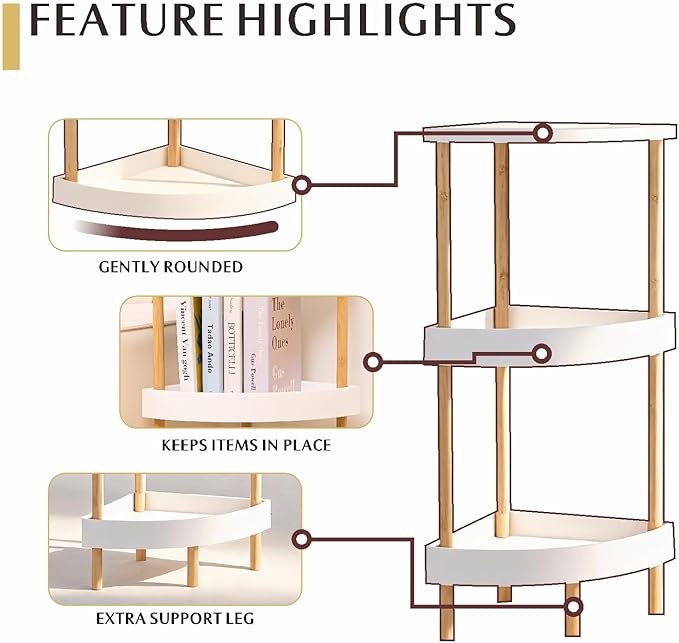 3-Tier Bamboo Corner Shelf - No Screws, Twist & Lock Assembly in 5 Mins, 5-Layer Lacquer Finish, Sturdy & Anti-Tip Design for Kitchen, Bathroom, Living Room, Easy to Clean