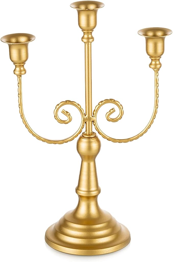 Romadedi Candelabra Gold Candle Holders - 3 Arm 11.8" Wedding Candlestick Holder for Theme Party Table Centerpiece Decor Dining Room Birthday Holiday Christmas