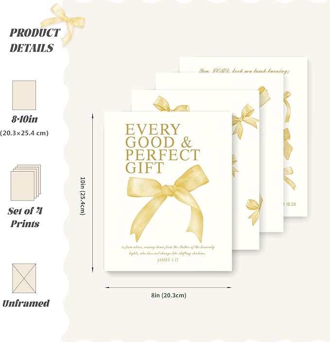 LARTSFRO Coquette Yellow Bow Wall Art Decor Posters, Butter Yellow Bow Room Bedroom Bathroom Dorm Wall Art Decor Aesthetic for College Teen Girls Gifts, Inspirational Bible Verses Bow Wall Decor, 10x8 Inch Set of 4 Pcs Bow Pictures (UNFRAMED)