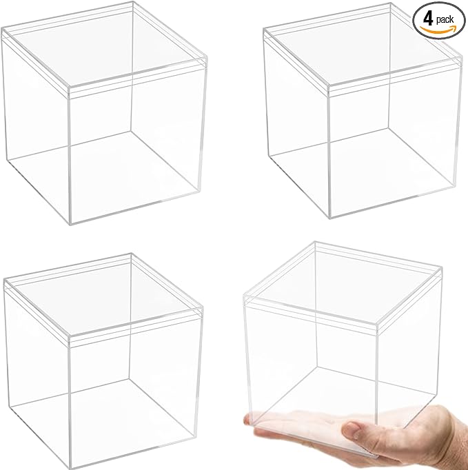 KissYou Acrylic Box Clear Boxes with Lid 4 Packs 5.9Inch Large Dispaly Case Clear Square Cube Wedding Birthday Graduation Party Favor Storage Box