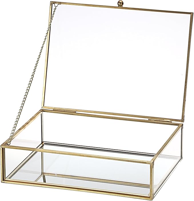 Glass Jewelry Box with Lid Golden Vintage Box with Mirror Base Decorative Case for Ring Earring Makeup Jewelry Display Organizer for Dresser, 7.3 x 5.3 x 2 Inch