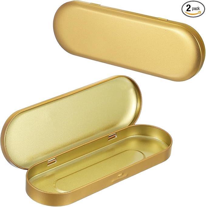 uxcell 2pcs Metal Hinged Tins Box, 6.9x2.4x0.7 Inch Rectangular Empty Tin Box Portable Pencil Containers for Pen Makeup Brushes Home Organizers, Gold