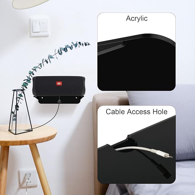 TXEsign Acrylic Floating Shelves Wall Mount Shelf 2 Pack Acrylic Speaker Shelves Adhesive Floating Shelf Organizer Holder for Bathroom Decor, Bedroom, Living Room and Kitchen (Black)