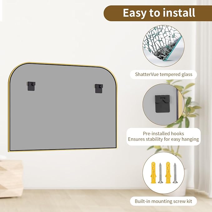 Gold Arched Top Wall Mounted Mirror - 38 x 30 Inch Round Cruved Top Bathroom Vanity Mirror, Aluminum Metal Framed, Home Decor for Living Room, Bedroom, Fireplace, Mantle, Entryway