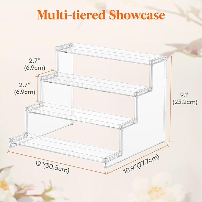 Lifewit 4 Tier Clear Display Riser Stand with Decorative Secure Fences, Tool-free Assembly, Plastic 12 Inch Perfume Organizer, Display for Figures, Cupcake, Dessert, 1-pack