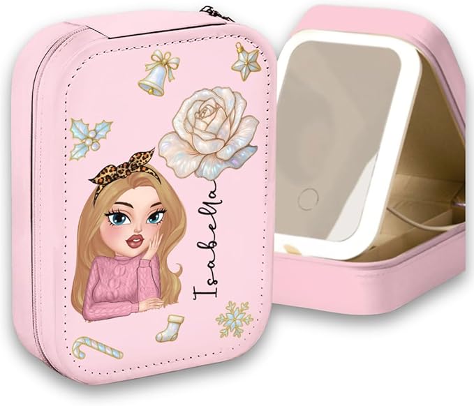 Wrappiness Floral Makeup Box Gifts for Girl Woman - Bloom Heart Personalized Jewelry Box with LED Mirror – Elegant PU Leather Storage for Women, Girls, Sisters, Granddaughters