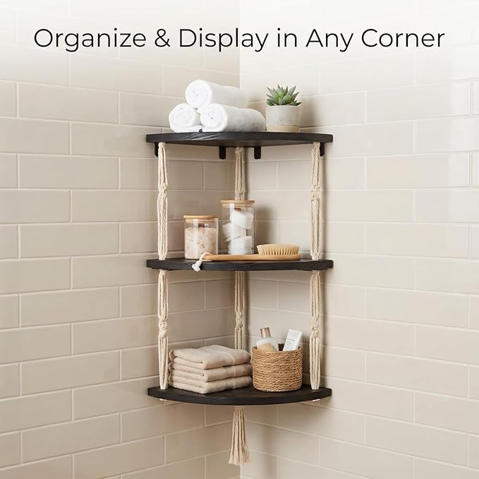 REFGY 3-Tier Corner Floating Shelves with Aesthetic Greenery & Fairy Lights - Premium Wood-Textured Boho Wall Hanging Shelf - Stable L-Bracket Support for Home Decor, Office & Small Spaces