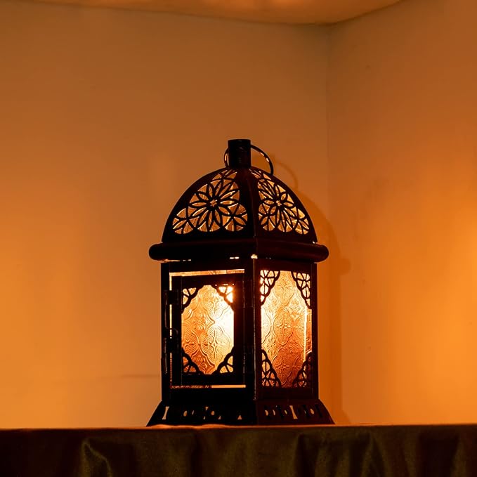 DECORKEY Candle Lanterns Decorative Indoor & Outdoor, 12'' Vintage Moroccan Hanging&Tabletop Lantern, Christmas Halloween Metal Candle Holder for Home Front Porch Patio Decor (Amber)