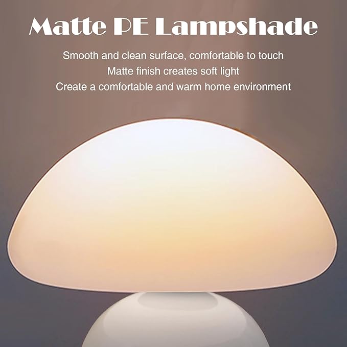 Cute Small Mushroom Lamp, PE Lampshade, Ceramic Base, Adjustable Light Color and Brightness with Power-Off Memory, Safe USB Powered, LED Mushroom Light for Bedroom Living Room (White)