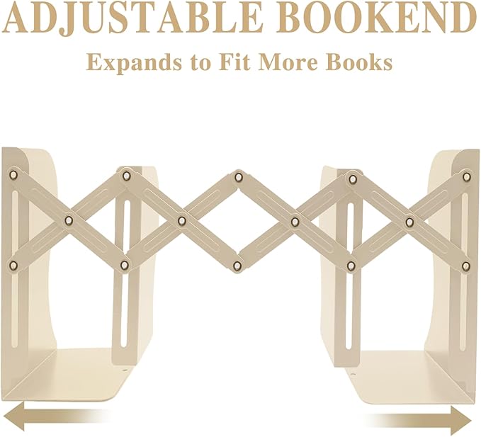 Adjustable Bookends Non Skid Decorative Bookends,Metal Bookend for Heavy Books,Bookshelf Organizer Holder for Books and Magazines for Desk(Beige)