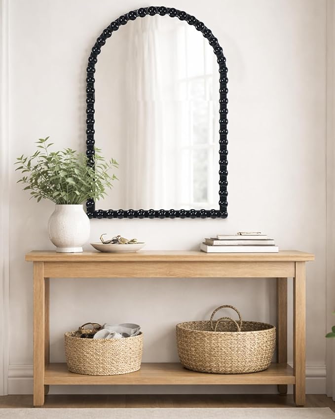 Black Beaded Arched Wall Mirror 24x36 Inch, Vintage Decorative Arch Mirror with Beaded Frame, Accent Mirror for Entryway, Bathroom, Living Room, Bedroom, Fireplace