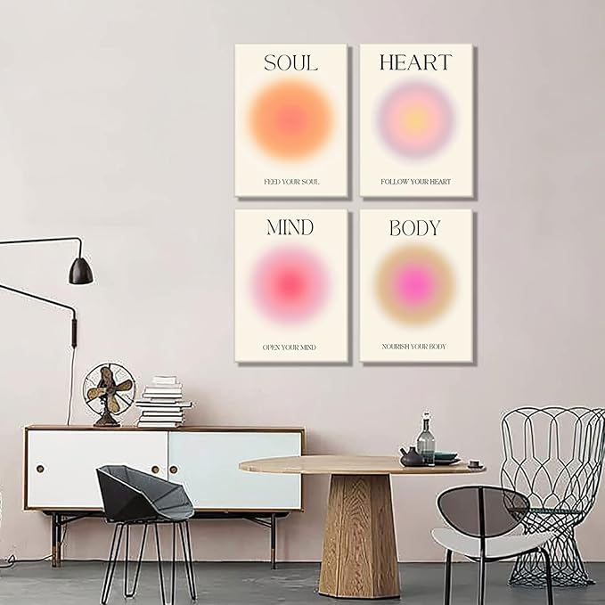 Framed Art Angel Halo Aesthetics Poster Set of 4 Pieces Colorful Aura Gradient Canvas Wall Art Spirit Soul Quote Print Painting Danish Pastel Bedroom Bathroom Yoga Wall Decor Gift for Lovers 12x16
