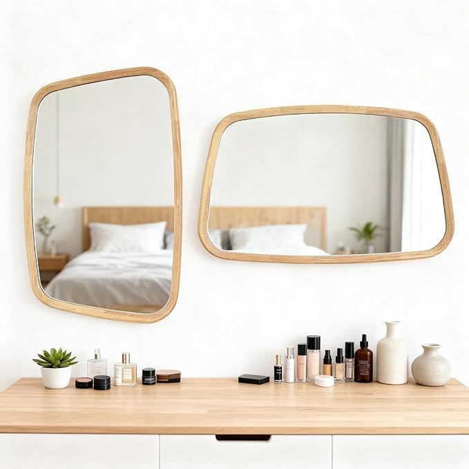 20"x31" Irregular Wood Mirror, Nature Asymmetrical Wall Mirror for Bathroom, Modern Farmhouse Vanity Mirror for Bedroom Living Room Washroom Entryway