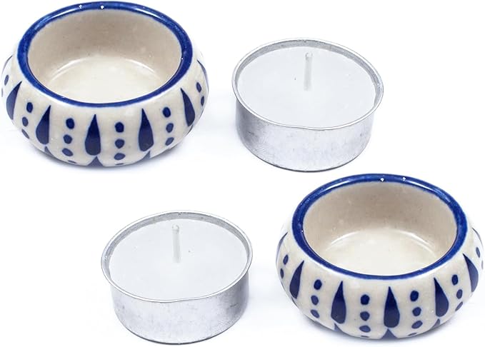 Ceramic Tealight Holder Set of 6 - Hand-Painted Candle Holders with Wax Tealights - Decorative Votive for Home, Party, Wedding, Festive & Gift Décor (White Blue) - ALPHA Living HOME