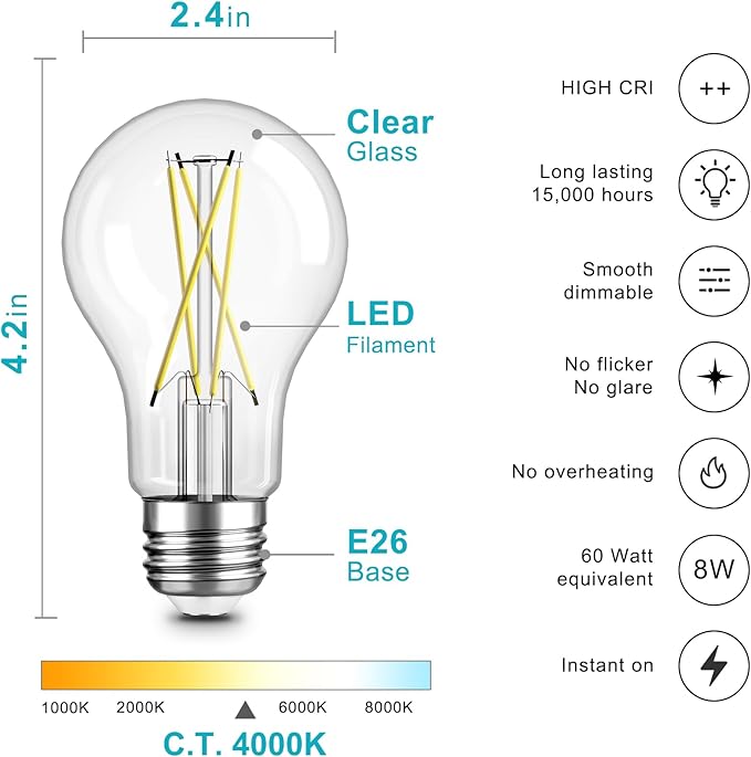 TJOY 6 Pack A19 Vintage LED Edison Bulbs, Dimmable, 60W Equivalent, High Brightness 4000K Natural White, 8W E26 Standard Base, 800 Lumens, CRI80+, Clear Glass Filament Bulb for Home, Farmhouse