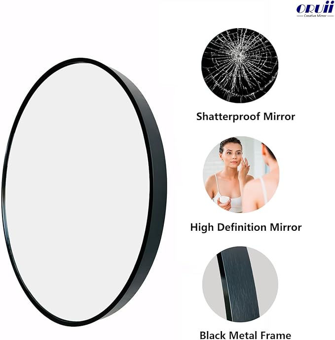 Oruii Round Mirror 30 inch, Black Round Mirror, Large Circle Mirrors Metal Frame, Black Circle Mirrors for Wall, Bathroom, Living Room, Dining Room, Entryway.