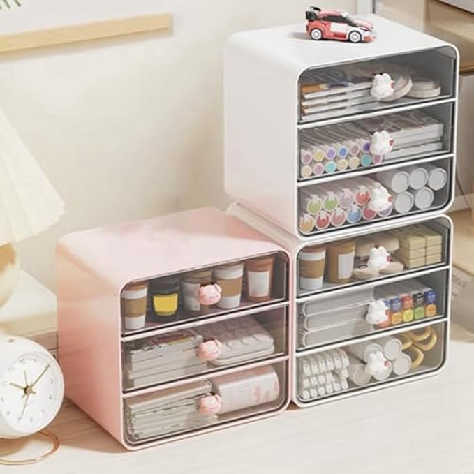 Cosmetic Trays 3 Tiers Makeup Organizer Holder Cosmetic Storage Box, Bathroom Countertop, Desk with Drawers Pink-B