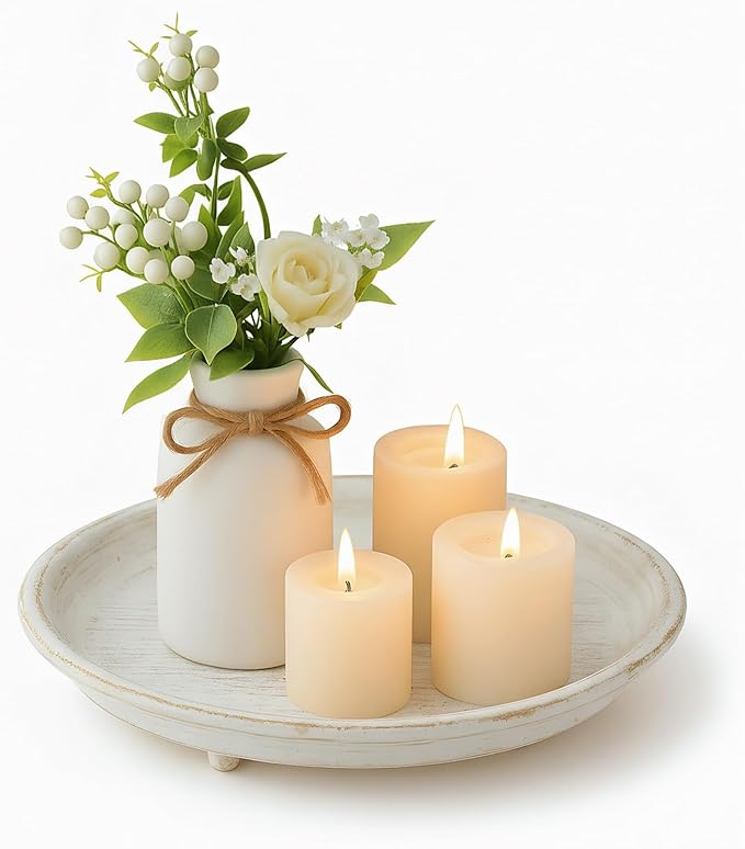 10-inch Candle Plate Holder Tray & 30-inch Wooden Bead Garland with Tassels, Farmhouse Decorative Tray, Rustic Country Home Decor - White