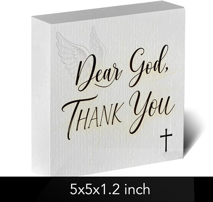 Christian Wooden Box Sign5x5 Inch - "Dear God, THANK YOU" Rustic Christian Home Decor, Farmhouse Style Shelf Desk Table Decoration for Bathroom Living Room